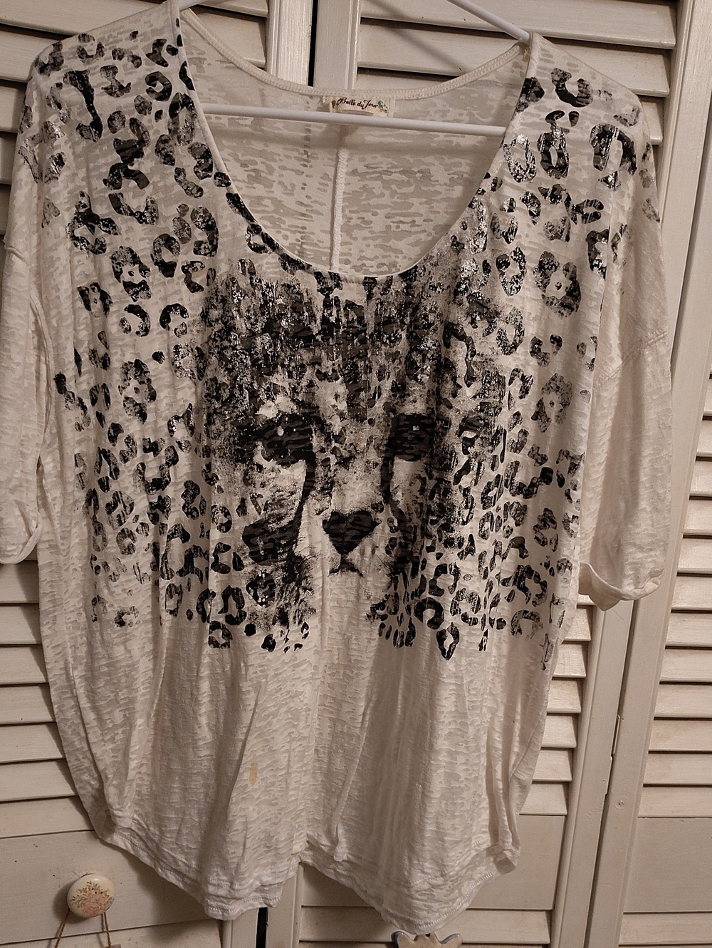 Belle Du Jour White Top with Black Leopard Face Graphic